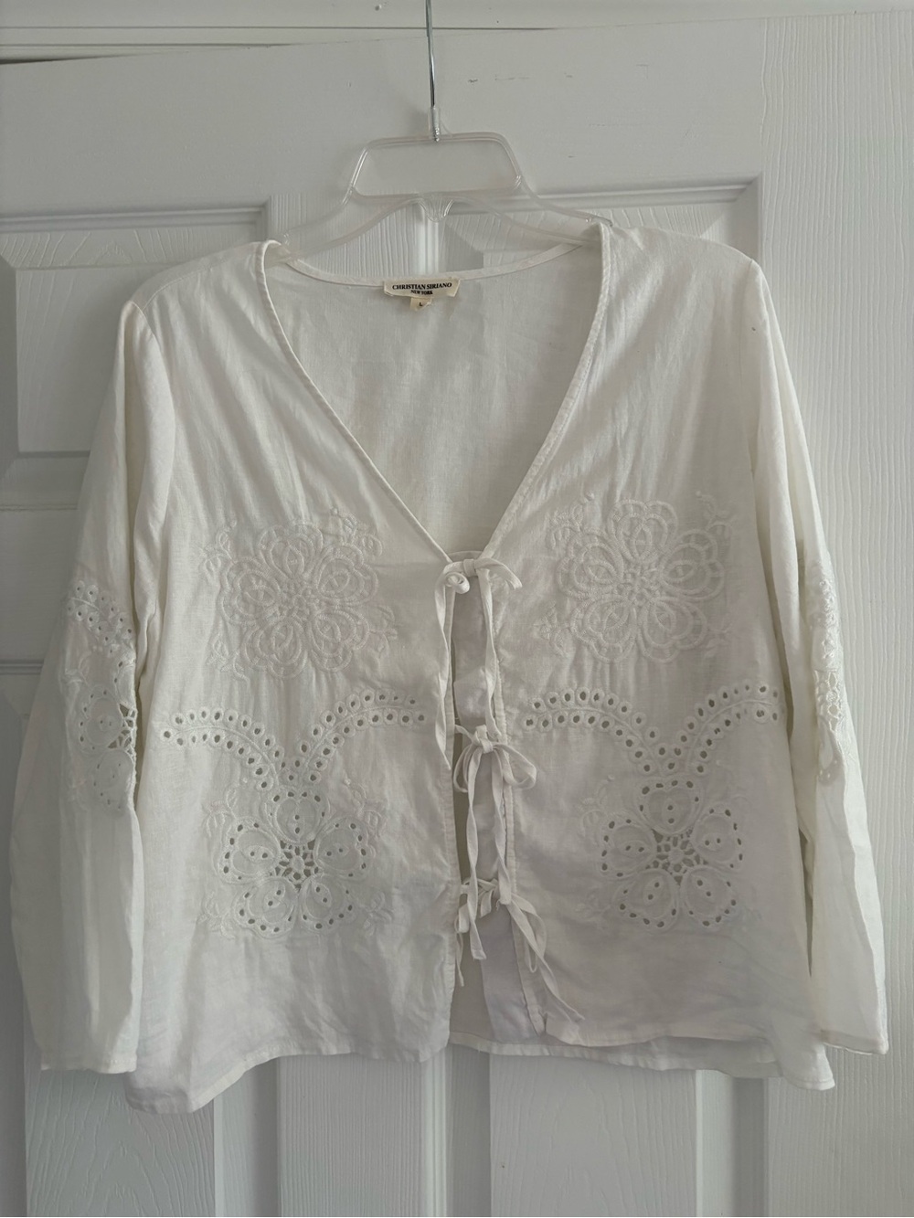 Christian Siriano White Embroidered Tie-Front Eyelet Blouse